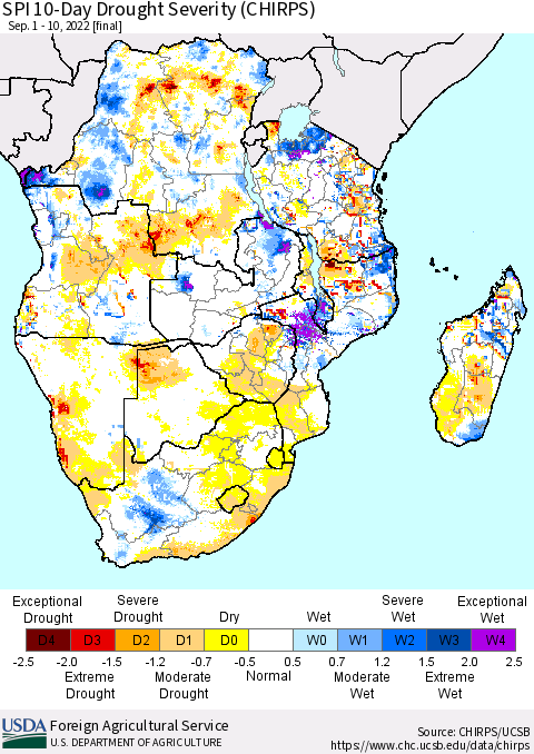 Southern Africa SPI 10-Day Drought Severity (CHIRPS) Thematic Map For 9/1/2022 - 9/10/2022