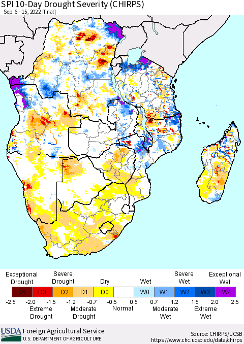 Southern Africa SPI 10-Day Drought Severity (CHIRPS) Thematic Map For 9/6/2022 - 9/15/2022