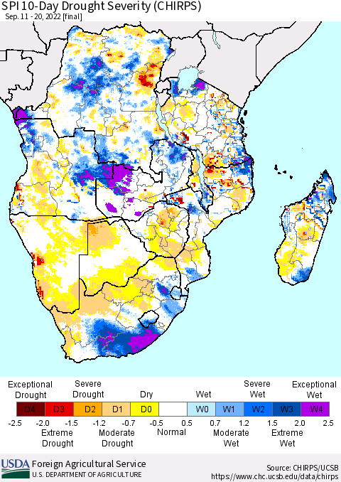 Southern Africa SPI 10-Day Drought Severity (CHIRPS) Thematic Map For 9/11/2022 - 9/20/2022