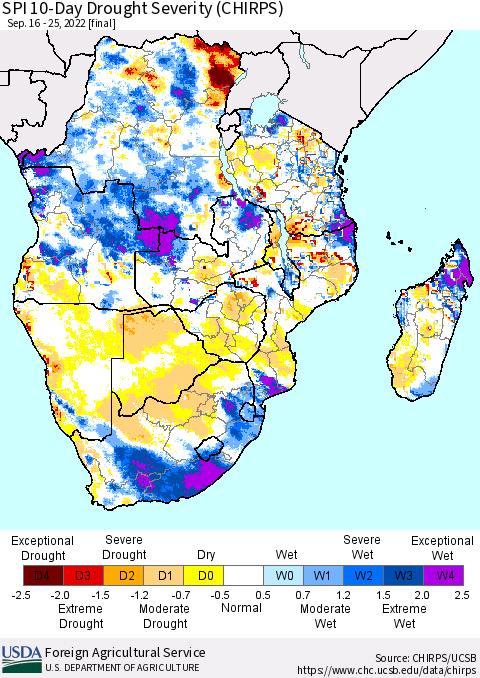 Southern Africa SPI 10-Day Drought Severity (CHIRPS) Thematic Map For 9/16/2022 - 9/25/2022