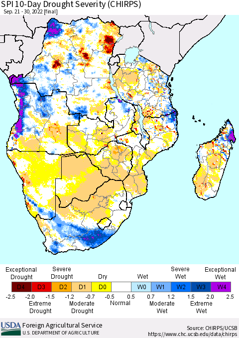 Southern Africa SPI 10-Day Drought Severity (CHIRPS) Thematic Map For 9/21/2022 - 9/30/2022