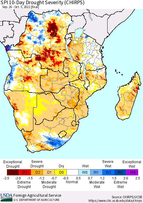 Southern Africa SPI 10-Day Drought Severity (CHIRPS) Thematic Map For 9/26/2022 - 10/5/2022