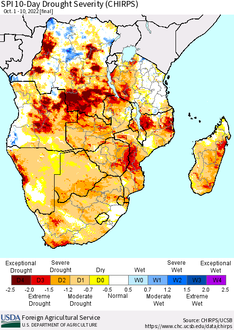 Southern Africa SPI 10-Day Drought Severity (CHIRPS) Thematic Map For 10/1/2022 - 10/10/2022