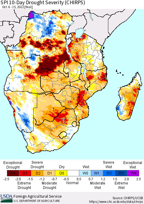 Southern Africa SPI 10-Day Drought Severity (CHIRPS) Thematic Map For 10/6/2022 - 10/15/2022