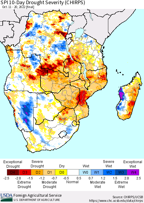 Southern Africa SPI 10-Day Drought Severity (CHIRPS) Thematic Map For 10/11/2022 - 10/20/2022