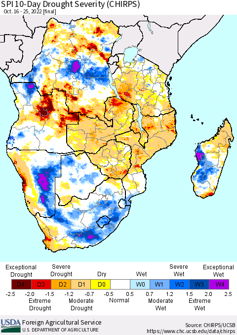 Southern Africa SPI 10-Day Drought Severity (CHIRPS) Thematic Map For 10/16/2022 - 10/25/2022