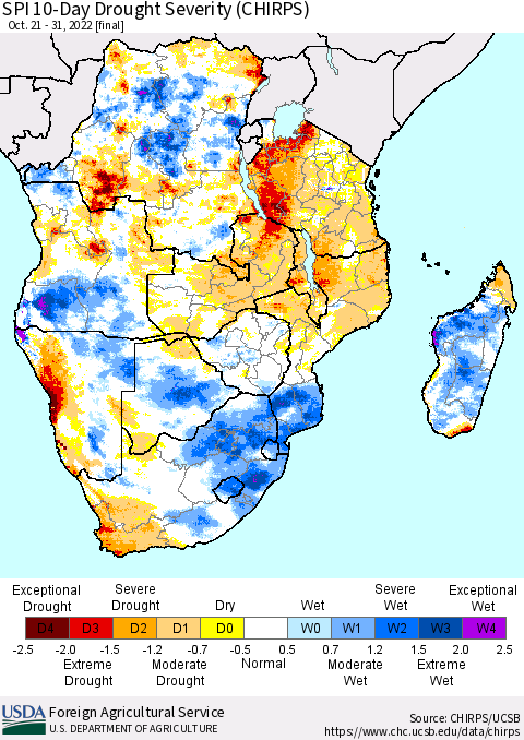 Southern Africa SPI 10-Day Drought Severity (CHIRPS) Thematic Map For 10/21/2022 - 10/31/2022