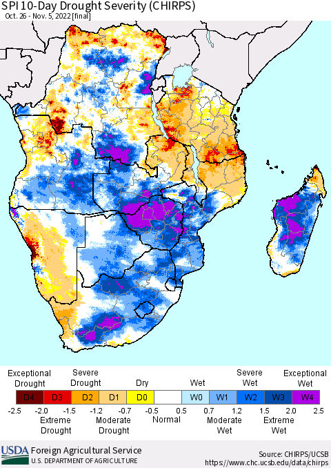 Southern Africa SPI 10-Day Drought Severity (CHIRPS) Thematic Map For 10/26/2022 - 11/5/2022