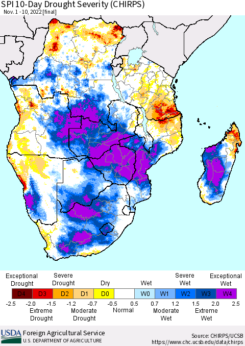 Southern Africa SPI 10-Day Drought Severity (CHIRPS) Thematic Map For 11/1/2022 - 11/10/2022