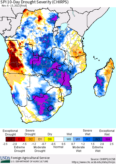 Southern Africa SPI 10-Day Drought Severity (CHIRPS) Thematic Map For 11/6/2022 - 11/15/2022