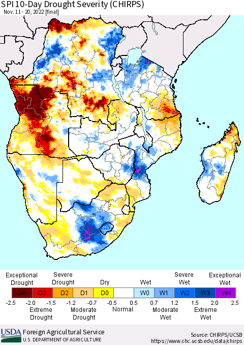 Southern Africa SPI 10-Day Drought Severity (CHIRPS) Thematic Map For 11/11/2022 - 11/20/2022