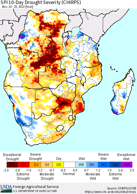 Southern Africa SPI 10-Day Drought Severity (CHIRPS) Thematic Map For 11/16/2022 - 11/25/2022