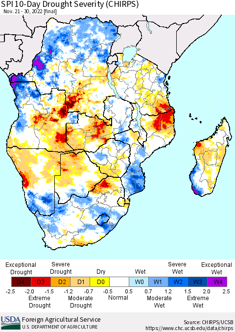 Southern Africa SPI 10-Day Drought Severity (CHIRPS) Thematic Map For 11/21/2022 - 11/30/2022