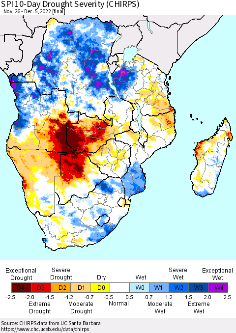 Southern Africa SPI 10-Day Drought Severity (CHIRPS) Thematic Map For 11/26/2022 - 12/5/2022