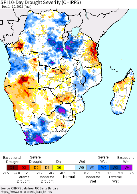 Southern Africa SPI 10-Day Drought Severity (CHIRPS) Thematic Map For 12/1/2022 - 12/10/2022