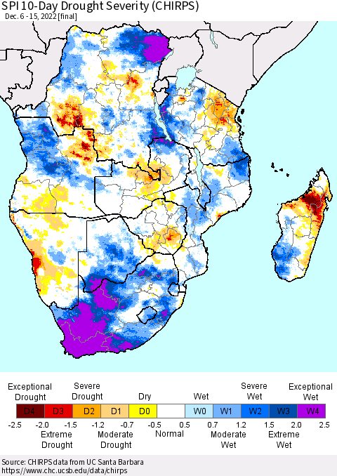 Southern Africa SPI 10-Day Drought Severity (CHIRPS) Thematic Map For 12/6/2022 - 12/15/2022