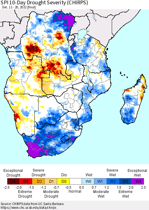 Southern Africa SPI 10-Day Drought Severity (CHIRPS) Thematic Map For 12/11/2022 - 12/20/2022