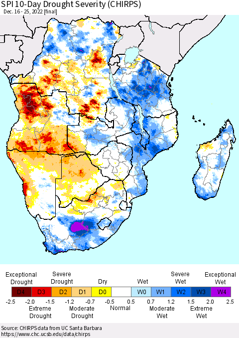 Southern Africa SPI 10-Day Drought Severity (CHIRPS) Thematic Map For 12/16/2022 - 12/25/2022