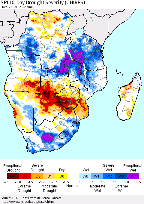 Southern Africa SPI 10-Day Drought Severity (CHIRPS) Thematic Map For 12/21/2022 - 12/31/2022