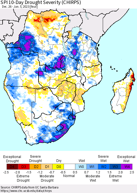 Southern Africa SPI 10-Day Drought Severity (CHIRPS) Thematic Map For 12/26/2022 - 1/5/2023