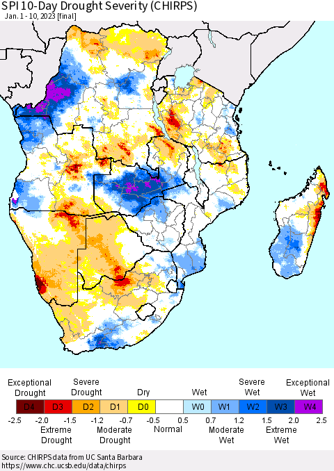 Southern Africa SPI 10-Day Drought Severity (CHIRPS) Thematic Map For 1/1/2023 - 1/10/2023