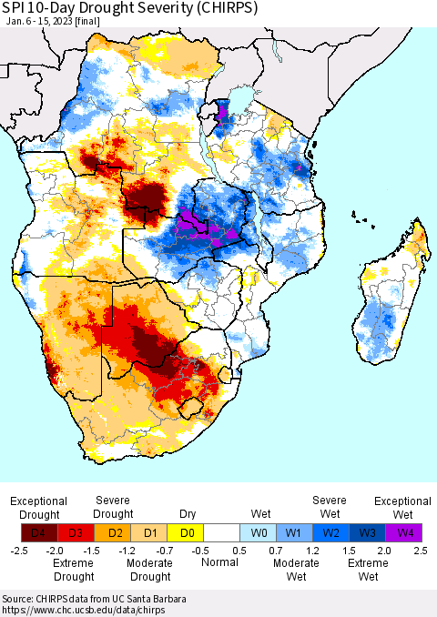 Southern Africa SPI 10-Day Drought Severity (CHIRPS) Thematic Map For 1/6/2023 - 1/15/2023