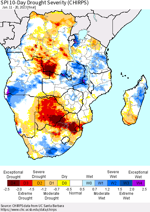 Southern Africa SPI 10-Day Drought Severity (CHIRPS) Thematic Map For 1/11/2023 - 1/20/2023