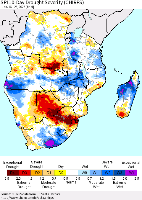 Southern Africa SPI 10-Day Drought Severity (CHIRPS) Thematic Map For 1/16/2023 - 1/25/2023