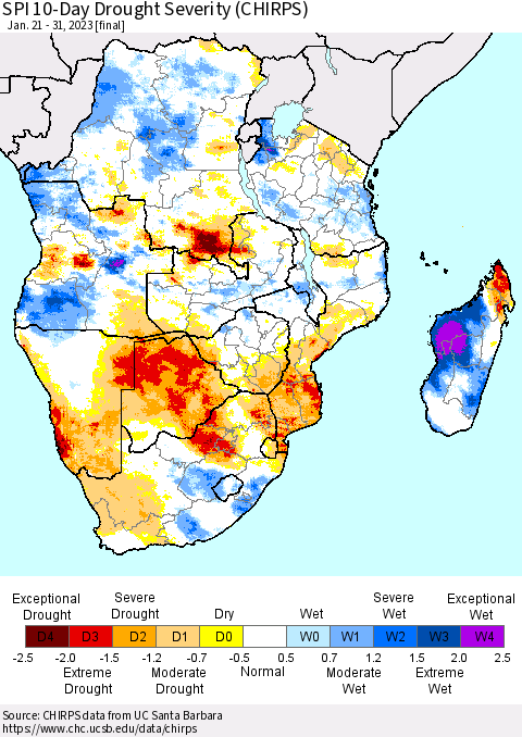 Southern Africa SPI 10-Day Drought Severity (CHIRPS) Thematic Map For 1/21/2023 - 1/31/2023