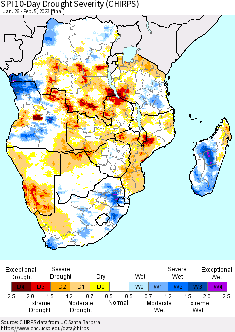 Southern Africa SPI 10-Day Drought Severity (CHIRPS) Thematic Map For 1/26/2023 - 2/5/2023