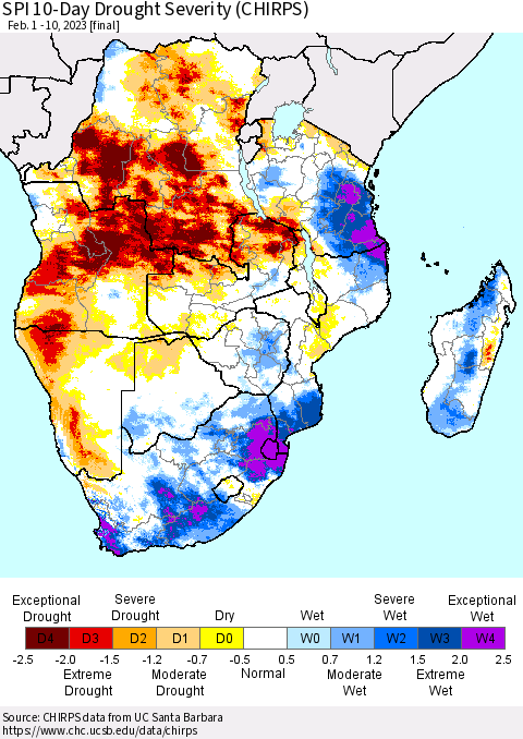 Southern Africa SPI 10-Day Drought Severity (CHIRPS) Thematic Map For 2/1/2023 - 2/10/2023