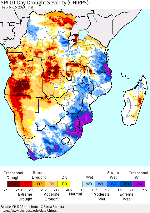 Southern Africa SPI 10-Day Drought Severity (CHIRPS) Thematic Map For 2/6/2023 - 2/15/2023