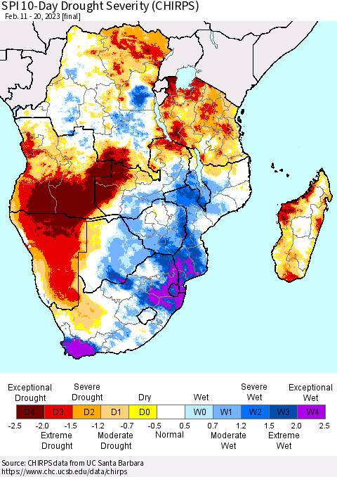 Southern Africa SPI 10-Day Drought Severity (CHIRPS) Thematic Map For 2/11/2023 - 2/20/2023