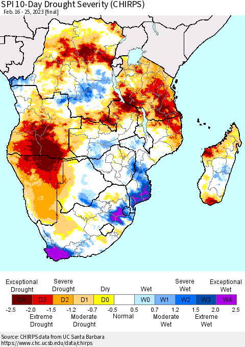 Southern Africa SPI 10-Day Drought Severity (CHIRPS) Thematic Map For 2/16/2023 - 2/25/2023