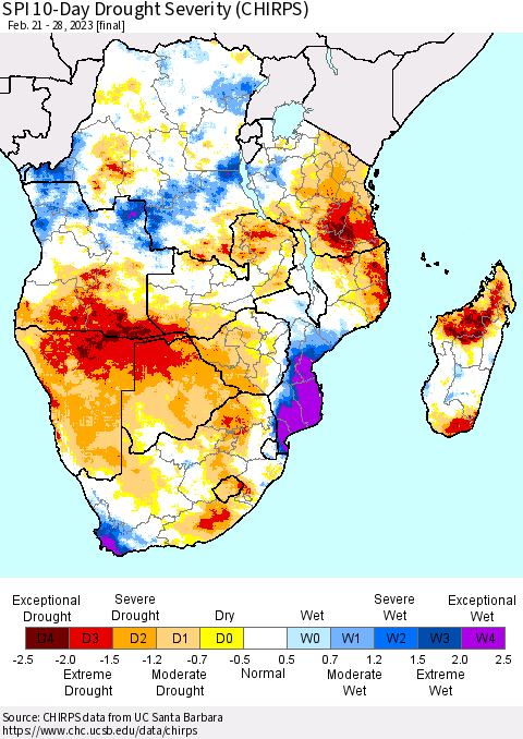 Southern Africa SPI 10-Day Drought Severity (CHIRPS) Thematic Map For 2/21/2023 - 2/28/2023