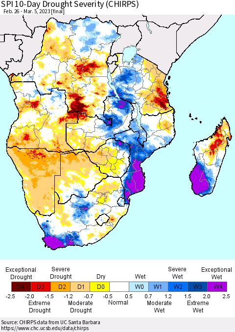 Southern Africa SPI 10-Day Drought Severity (CHIRPS) Thematic Map For 2/26/2023 - 3/5/2023