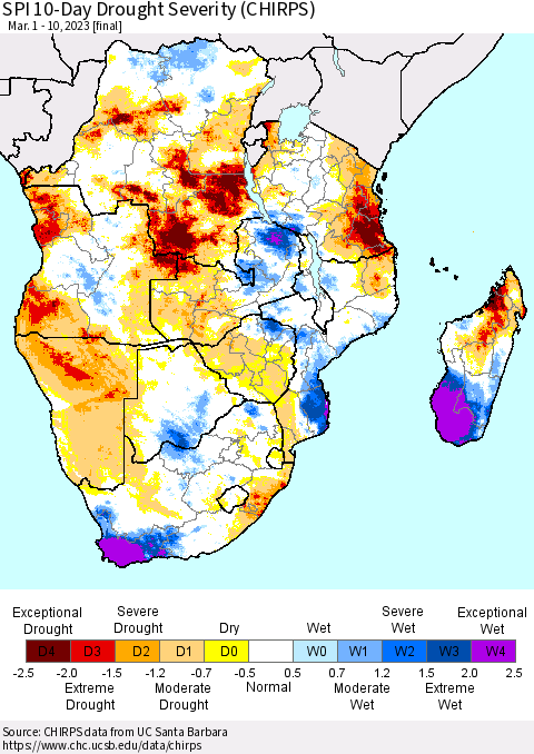 Southern Africa SPI 10-Day Drought Severity (CHIRPS) Thematic Map For 3/1/2023 - 3/10/2023