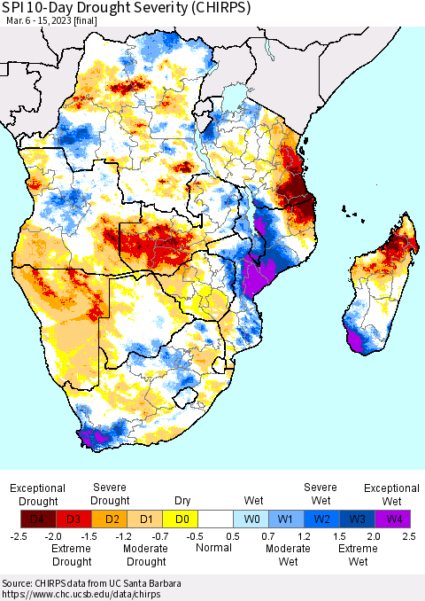 Southern Africa SPI 10-Day Drought Severity (CHIRPS) Thematic Map For 3/6/2023 - 3/15/2023