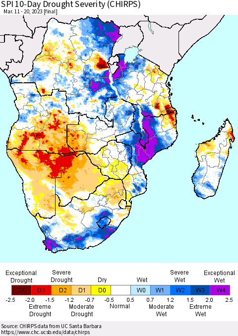 Southern Africa SPI 10-Day Drought Severity (CHIRPS) Thematic Map For 3/11/2023 - 3/20/2023
