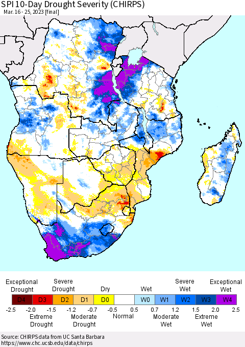 Southern Africa SPI 10-Day Drought Severity (CHIRPS) Thematic Map For 3/16/2023 - 3/25/2023
