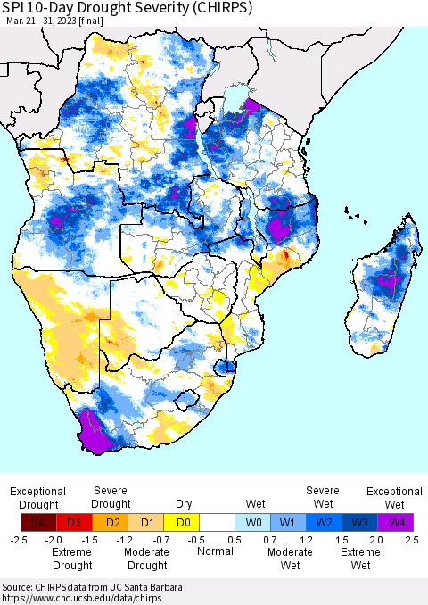 Southern Africa SPI 10-Day Drought Severity (CHIRPS) Thematic Map For 3/21/2023 - 3/31/2023