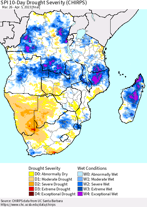 Southern Africa SPI 10-Day Drought Severity (CHIRPS) Thematic Map For 3/26/2023 - 4/5/2023