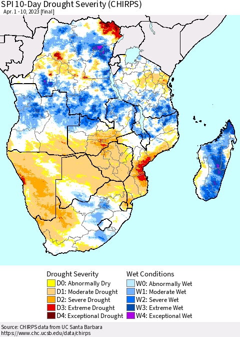Southern Africa SPI 10-Day Drought Severity (CHIRPS) Thematic Map For 4/1/2023 - 4/10/2023