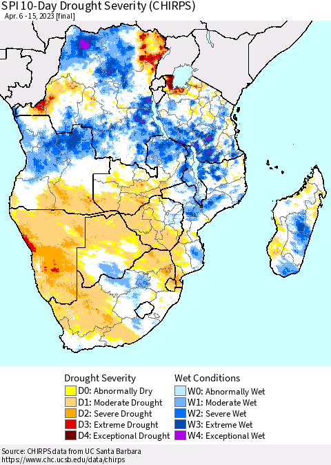 Southern Africa SPI 10-Day Drought Severity (CHIRPS) Thematic Map For 4/6/2023 - 4/15/2023