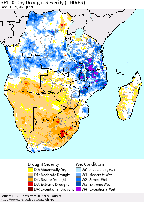 Southern Africa SPI 10-Day Drought Severity (CHIRPS) Thematic Map For 4/11/2023 - 4/20/2023