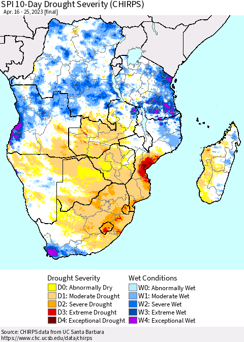 Southern Africa SPI 10-Day Drought Severity (CHIRPS) Thematic Map For 4/16/2023 - 4/25/2023
