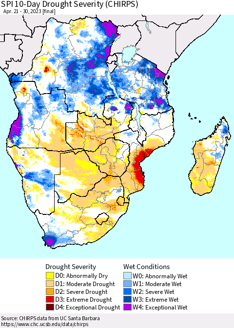 Southern Africa SPI 10-Day Drought Severity (CHIRPS) Thematic Map For 4/21/2023 - 4/30/2023
