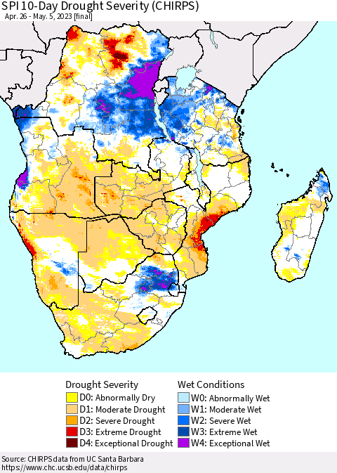 Southern Africa SPI 10-Day Drought Severity (CHIRPS) Thematic Map For 4/26/2023 - 5/5/2023