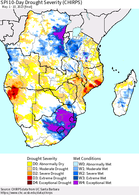 Southern Africa SPI 10-Day Drought Severity (CHIRPS) Thematic Map For 5/1/2023 - 5/10/2023