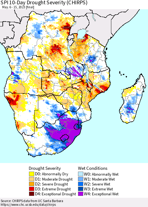 Southern Africa SPI 10-Day Drought Severity (CHIRPS) Thematic Map For 5/6/2023 - 5/15/2023